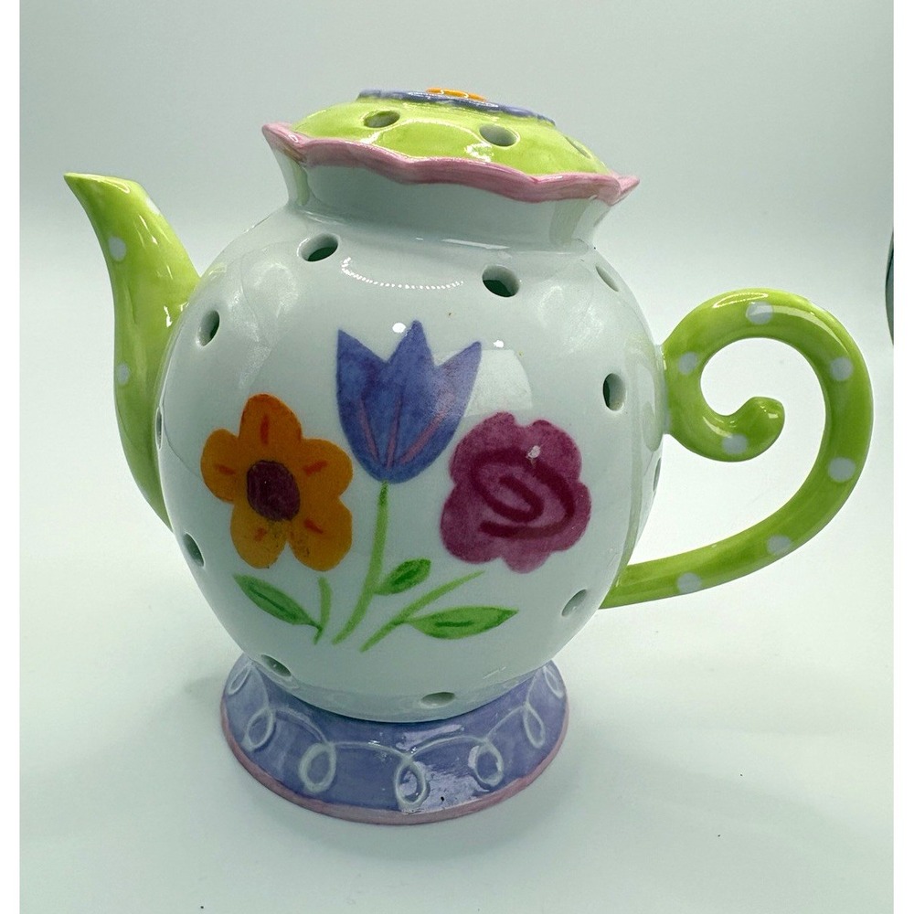 Avon Ceramic Teapot Candle Holder Floral Garden Tea Light 10in Glossy
